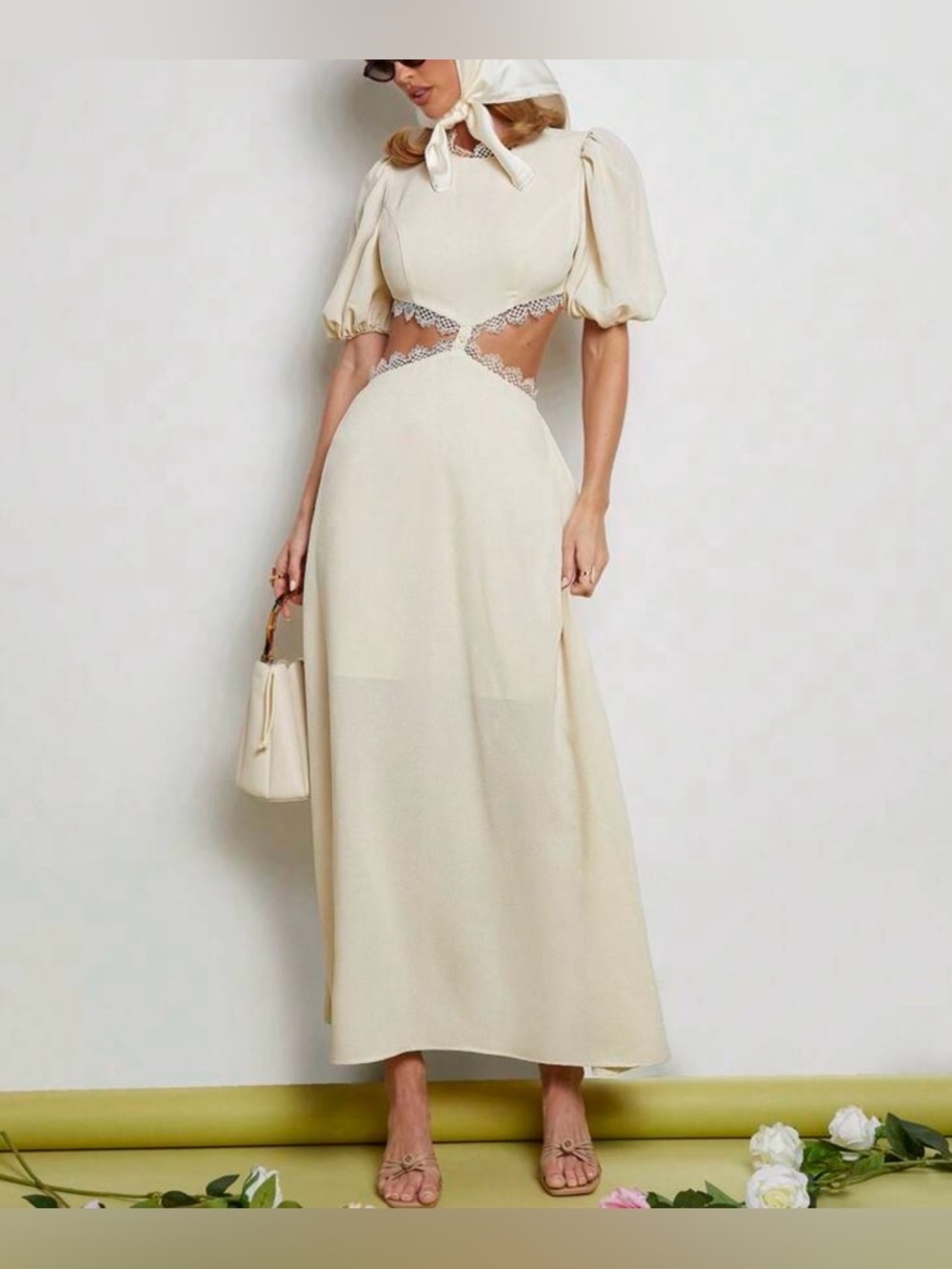 SHEIN Cream Lace-Trim Cutout Maxi Dress